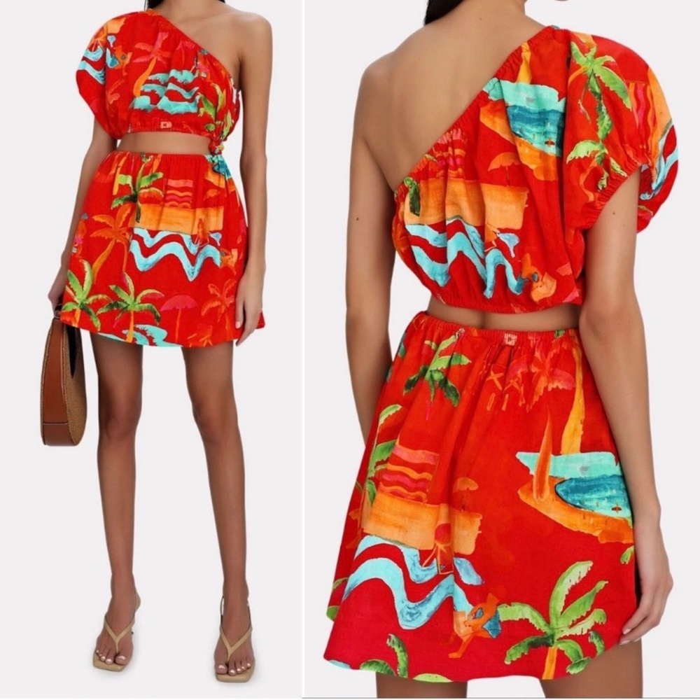 Farm Rio Ipanema‎ Summer One Shoulder Red Floral Tropical Print Mini Dress Small